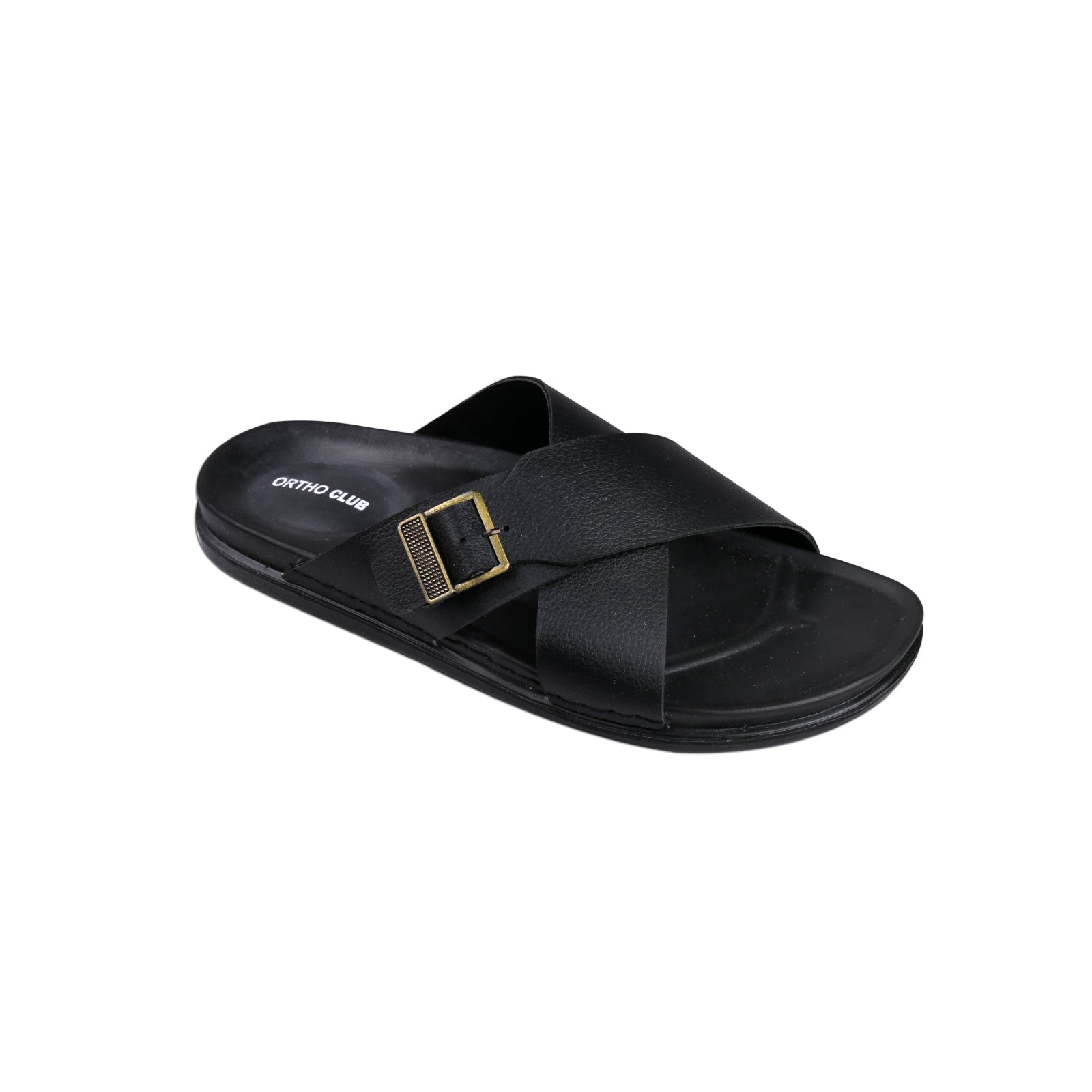 ORTHO CLUB Men's Synthetic Leather Cross-Strap Slip-On Sandals with Adjustable Buckle
