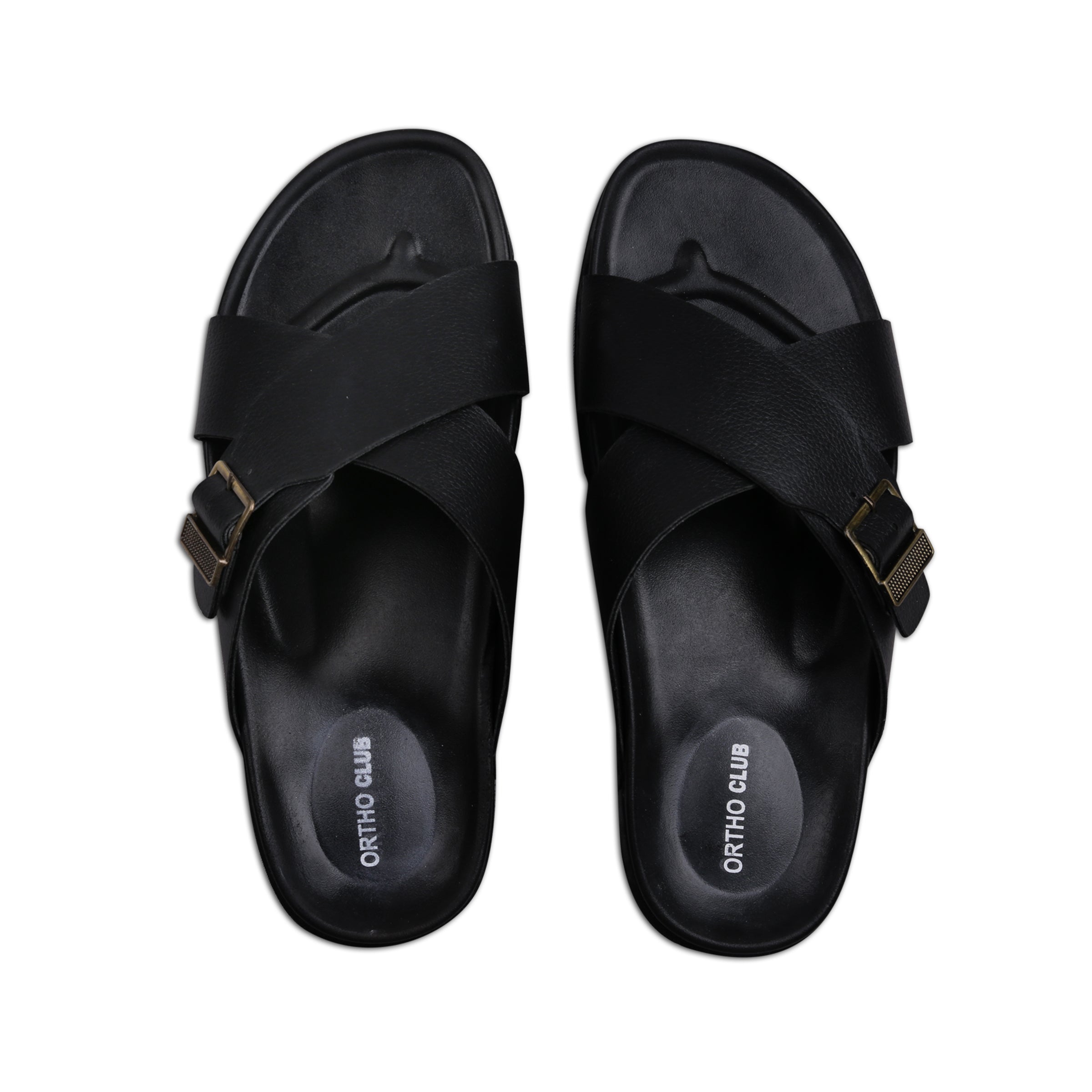 ORTHO CLUB Men's Synthetic Leather Cross-Strap Slip-On Sandals with Adjustable Buckle