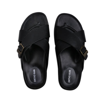 ORTHO CLUB Men's Synthetic Leather Cross-Strap Slip-On Sandals with Adjustable Buckle