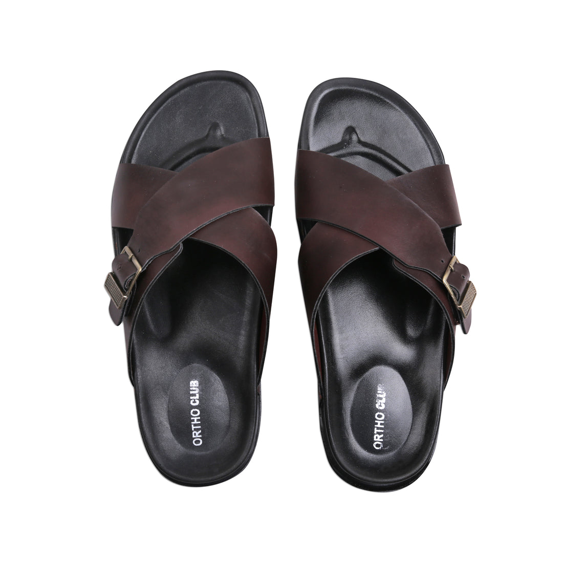 ORTHO CLUB Men's Synthetic Leather Cross-Strap Slip-On Sandals with Adjustable Buckle
