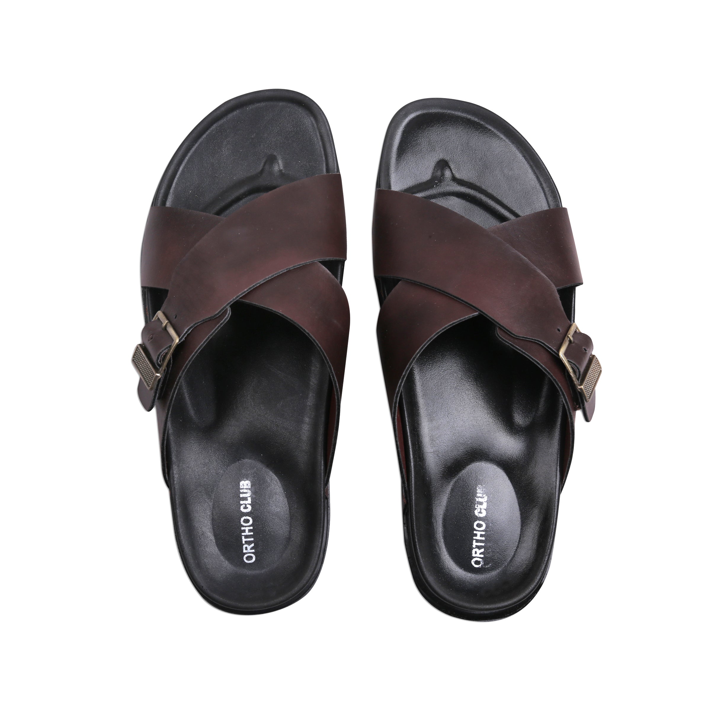 ORTHO CLUB Men's Synthetic Leather Cross-Strap Slip-On Sandals with Adjustable Buckle