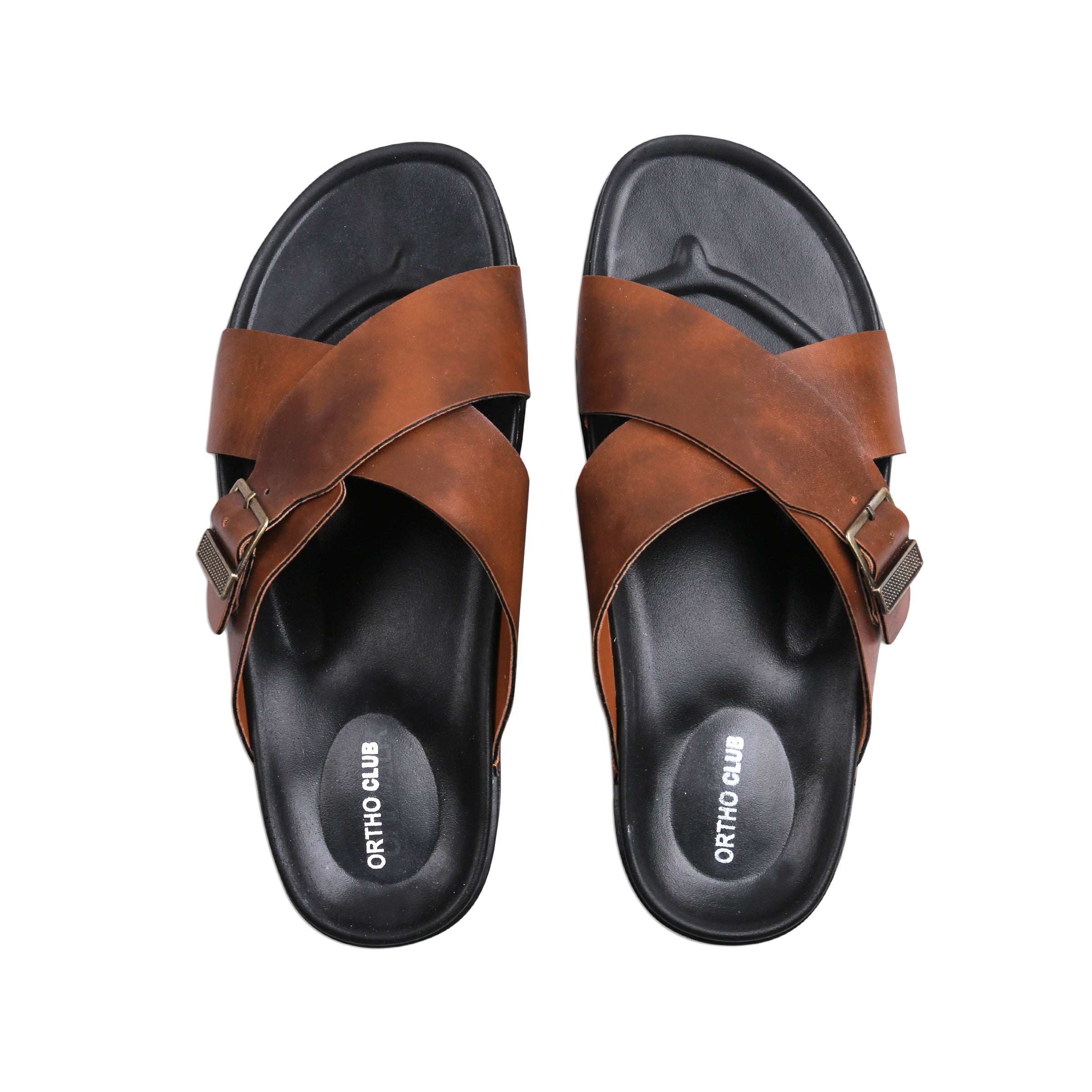 ORTHO CLUB Men's Synthetic Leather Cross-Strap Slip-On Sandals with Adjustable Buckle