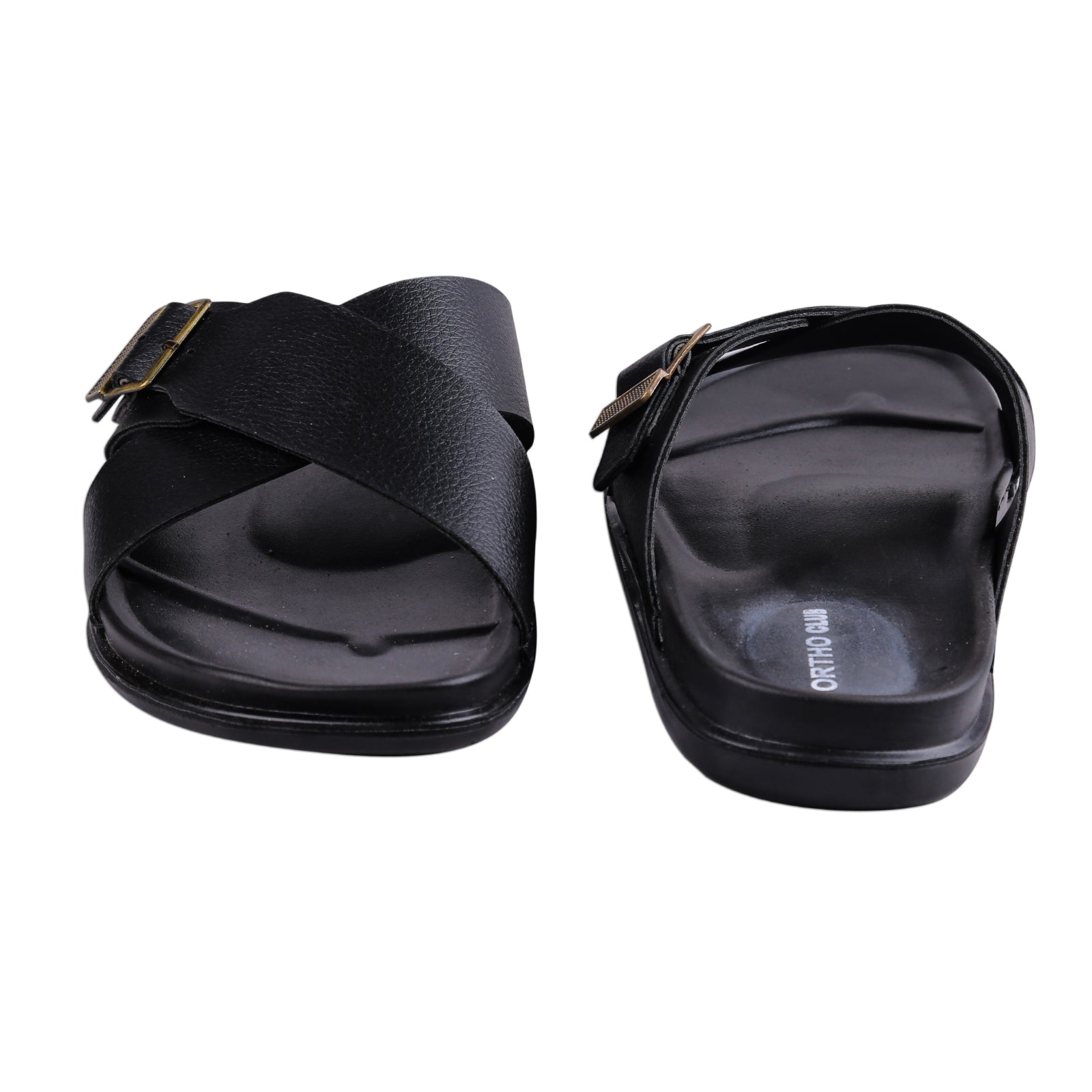 ORTHO CLUB Men's Synthetic Leather Cross-Strap Slip-On Sandals with Adjustable Buckle