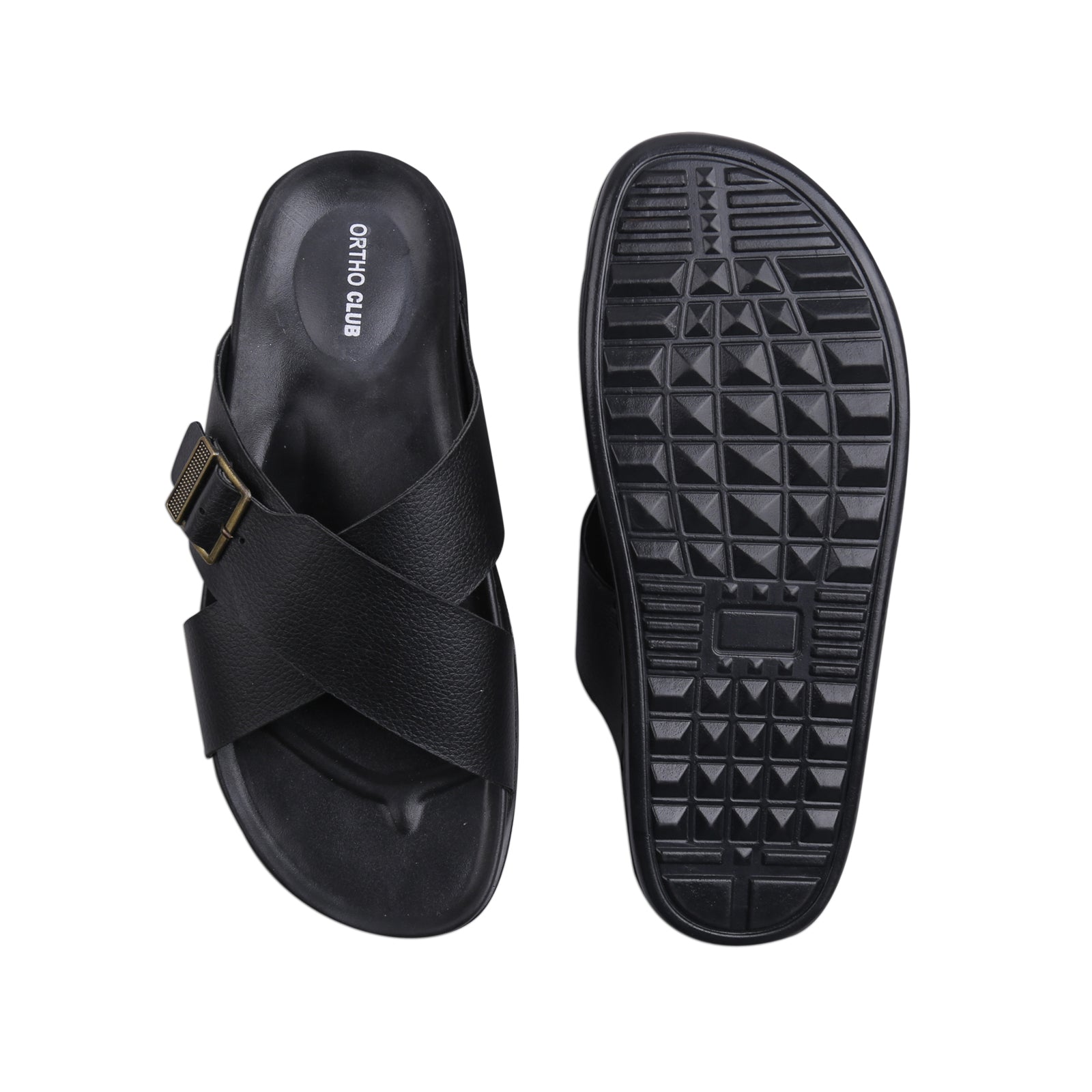 ORTHO CLUB Men's Synthetic Leather Cross-Strap Slip-On Sandals with Adjustable Buckle