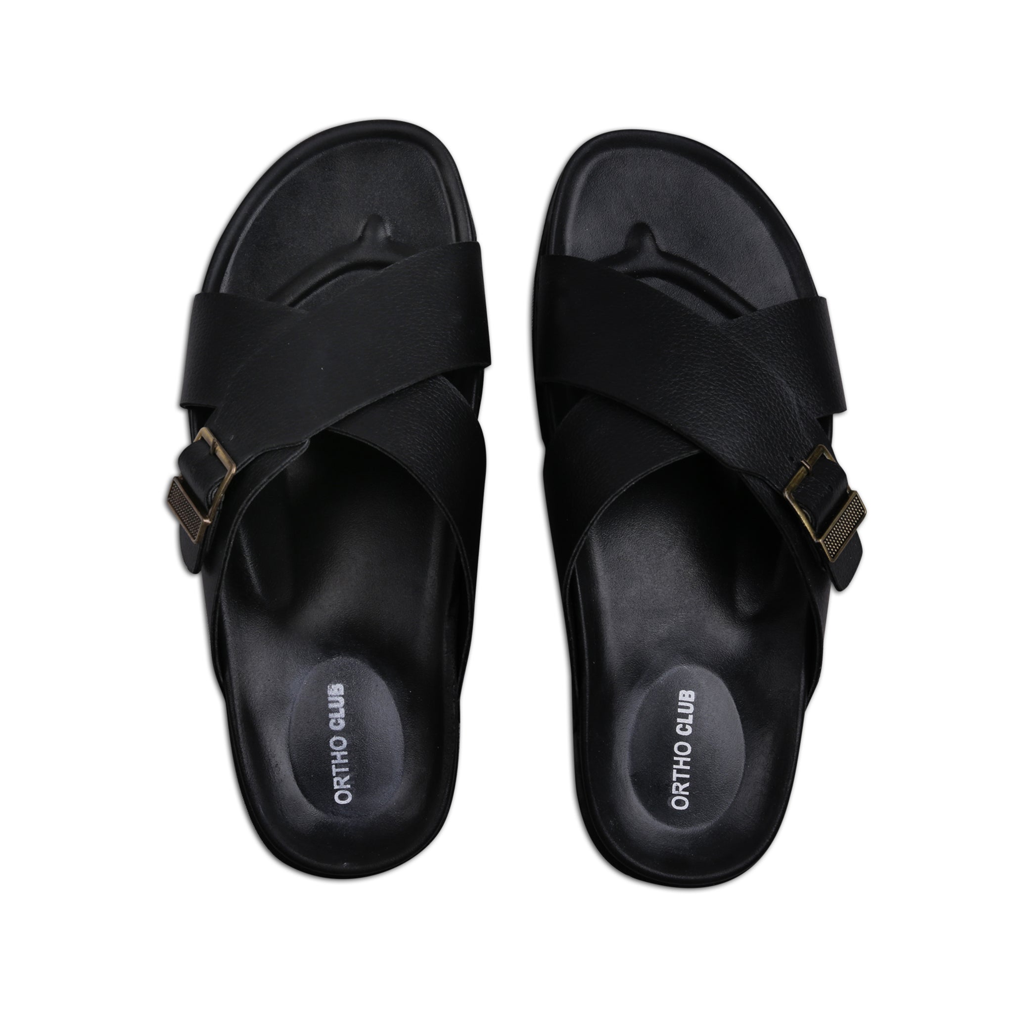 ORTHO CLUB Men's Synthetic Leather Cross-Strap Slip-On Sandals with Adjustable Buckle